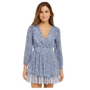 Japna Blue Floral Lace Boho A-Line Tiered Ruffle Hem Mini Dress - Size Small NWT